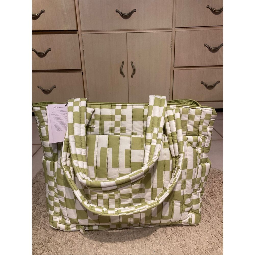 NWT BEIS x Elsa Hosk Quilted Tote Diaper Bag in Garden Party Green Checkered